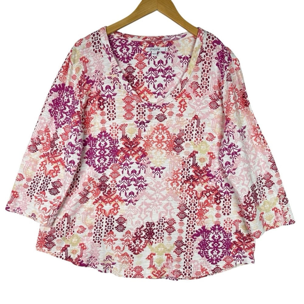 Chico's Pink Coral Boho Print Top Cotton Modal 3/4 Sleeve V Neck‎ Size 3 (XL)